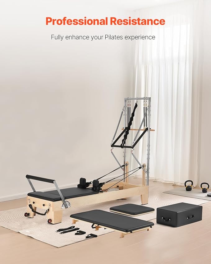 VEVOR Pilates Reformer Machine, Pilates Workout Equipment for Home Gym Studio Use, Pilates Bed with Dual Resistance- Spring & Cord, Reformer Set, Up to 400 LBS