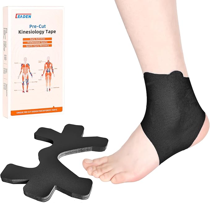 IEADEN Precut Kinesiology Tape for Ankle, 10 Pcs - Ankle Support & Stability, Ankle Pain Relief Athletic Tape - Waterproof & Elastic, Breathable Hypoallergenic Latex-Free Tape, Black