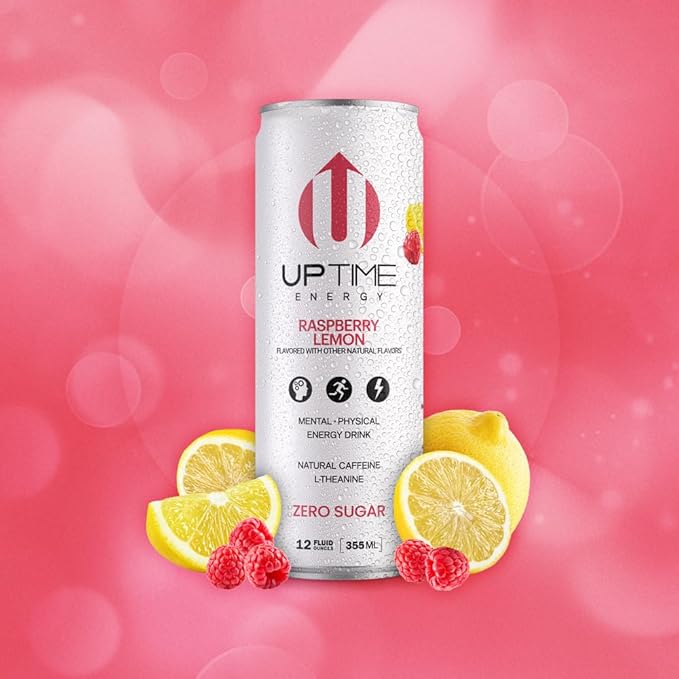 UPTIME Energy Drink, Raspberry Lemon Sparkling, 12 Pack, Vitamin C, L Theanine, Calcium, Sugar Free Energy Drinks for Focus Support, 142mg of Natural Caffeine, 5 Calories, Natural, 12 fl oz Cans
