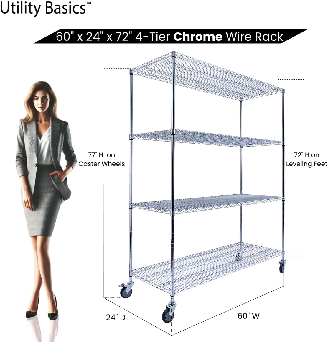 60"x24"x72" PREMIUM METAL STEEL 4-Tier Wire Shelving NSF 3200 LBS MAX Capacity Heavy Duty Storage Rack for Hospitals, Schools, Commercial Spaces, and Garages w/PREMIUM Wheels