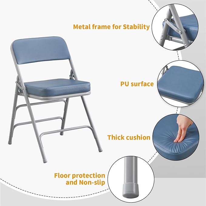 BOOSDEN Folding Chair, Foldable Chair, Faux Leather Fold Up Chair for Home, Office, Dining, Portable and Compact Metal Frame Folding Seat, Thickened Padded Fold Out Chair Indoor & Outdoor, Blue