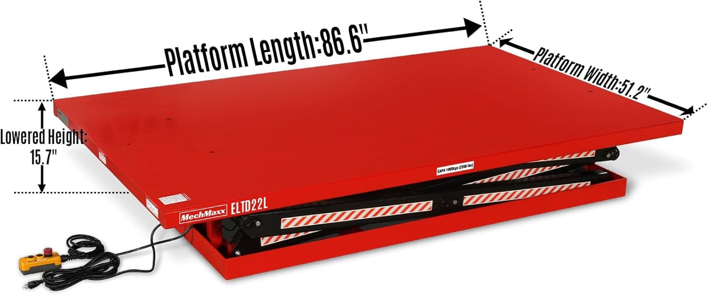 2200 lbs Capacity Stationary Powered Hydraulic Double Scissor Lift Table,86.6" x 51.2" Platform,94.5" Lift Height, UL Certified Moto,Model ELTD22L