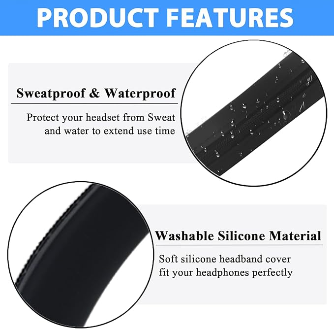 Adhiper Silicone Sweat Headband Cover for Beats Studio Pro & Studio 3 Headphones, Silicone Cover Headphone Cover Accessories for Bose QuietComfort Ultra Headphone, Washable & Sweatproof - Black