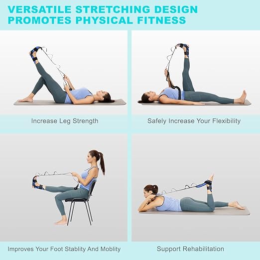 Foot and Calf Stretcher Stretching Strap For Plantar Fasciitis, Heel Spurs, Foot Drop, Achilles Tendonitis & Hamstring. Yoga & Leg Stretch Strap. (Blue)