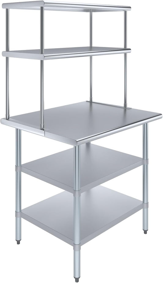 Amgood Stainless Steel Work Table with 2 Shelves | Metal Kitchen Prep Table & Shelving Combo (30" x 36" Table with 2 Shelves + 18" Overshelf)