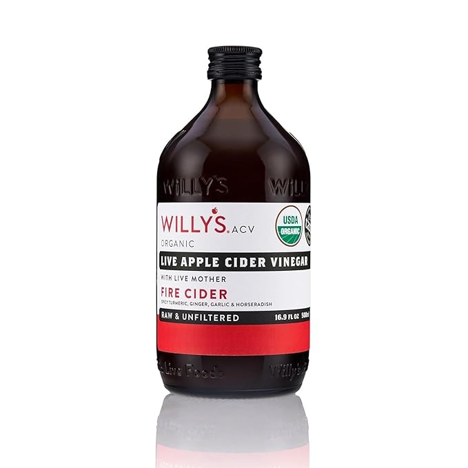 WILLY'S Organic Live Fire Cider with Mother - Apple Cider Vinegar with Horseradish, Garlic, Onion, Turmeric, Ginger, Honey and Cayenne Pepper. Probiotocs for Gut Health. 16.9oz Glass Bottle.