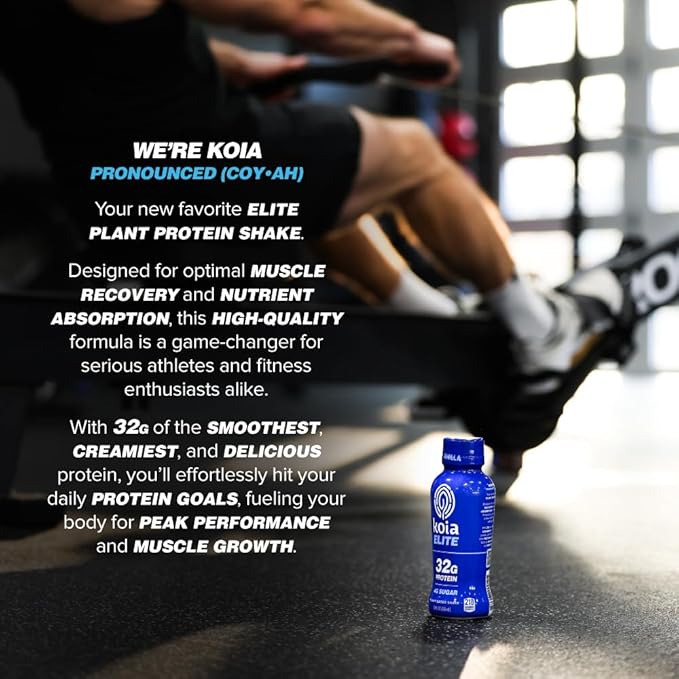 Koia Elite Plant Based Protein Shake, Vanilla, 32g Protein, 4g Sugar, 6g Prebiotic Fiber, Pre & Post Workout Nutritional Drink, No Seed Oils, Dairy-Free, Gluten-Free, Non-GMO, 12 Fl Oz (Pack of 12)