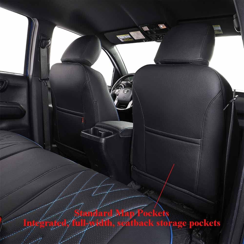 EKR Custom Fit Tacoma Leather Car Seat Covers for Select Toyota Tacoma 2012 2013 2014 2015 (Regular Seats)- Full Set, Leather (Black with Blue Trim)