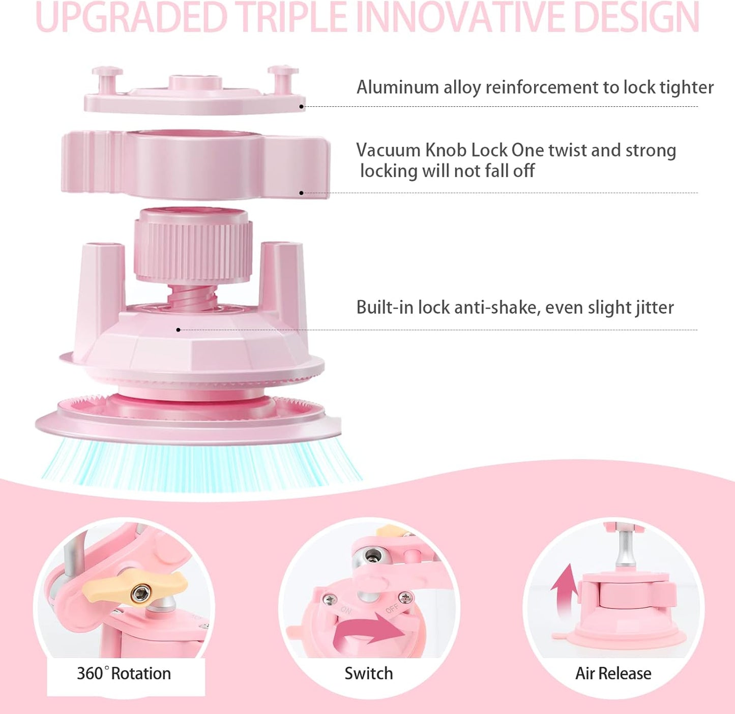 Suction Cup Phone Mount 360 Rotating Universal Ball Head Arm for Car Dashboard Windshield Vehicle Sunroof (1pc*Pink)