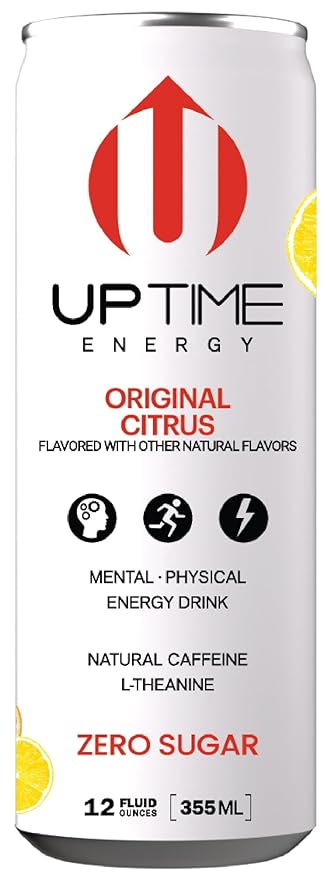 UPTIME Energy Drink, Original Citrus Sparkling, 12 Pack, Vitamin C, L Theanine, Calcium, Sugar Free Energy Drinks for Focus Support, 142mg of Natural Caffeine, 5 Calories, Clean, Natural, 12 fl oz Cans