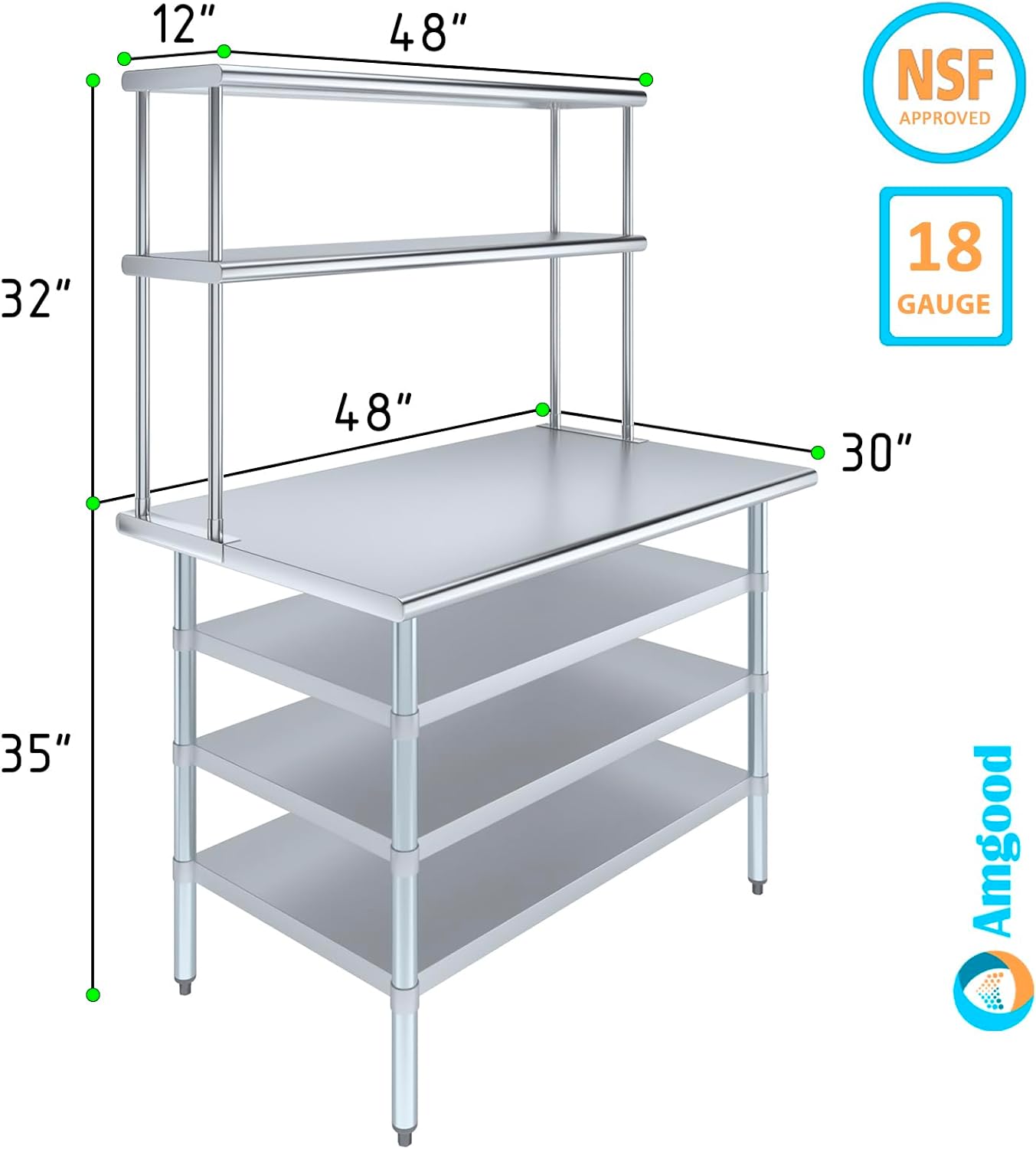 Amgood 30" x 48" Stainless Steel Work Table with 3 Shelves and 12" Wide Double Tier Overshelf | Metal Kitchen Prep Table & Shelving Combo | NSF