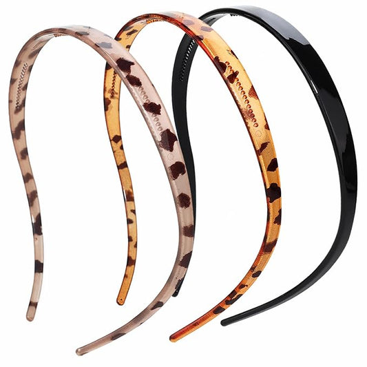 3 Pack Flex No Pressure Headbands for Women - Leopard Pattern Comfortable Plastic Headbands with Teeth - Black, Grey, Brown