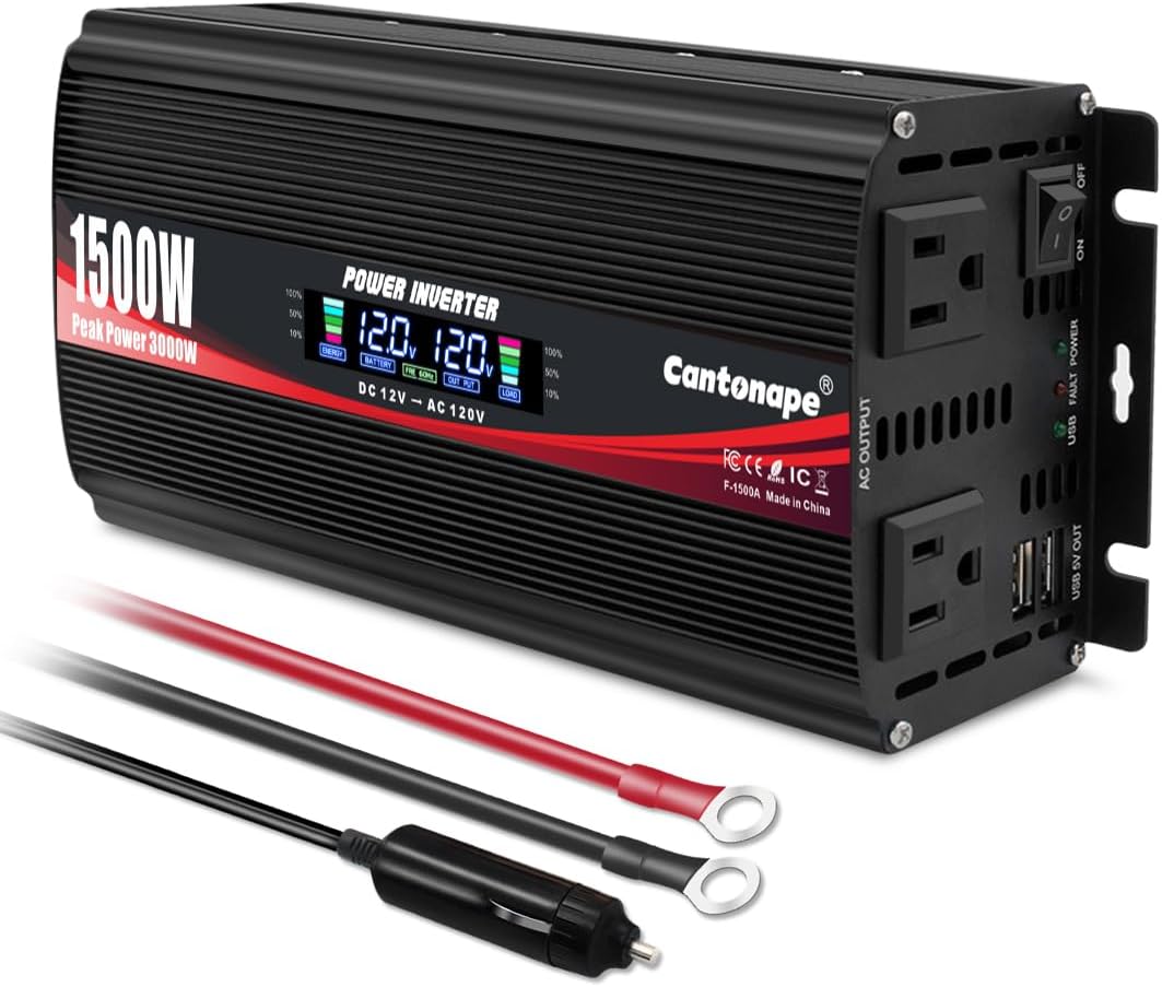1500W Power Inverter 12V to 110V/120V Car Charger Converter with LCD Display, 3.1A Dual USB Ports 2 AC Outlets Car Adapter, Cigarette Lighter for Truck Vehicle Black