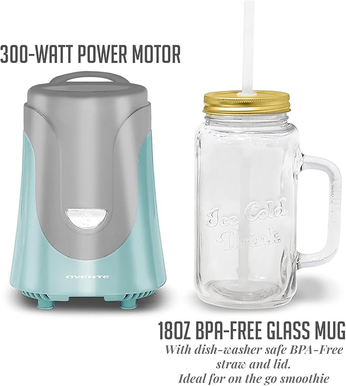 OVENTE Retro Personal Blender and Smoothie Maker with 18 Oz Mason Jar, 300W Base, Stainless Steel Blades, BPA-Free and Dishwasher Safe Container, Includes Reusable Straw and Lid, Turquoise BLH1002T