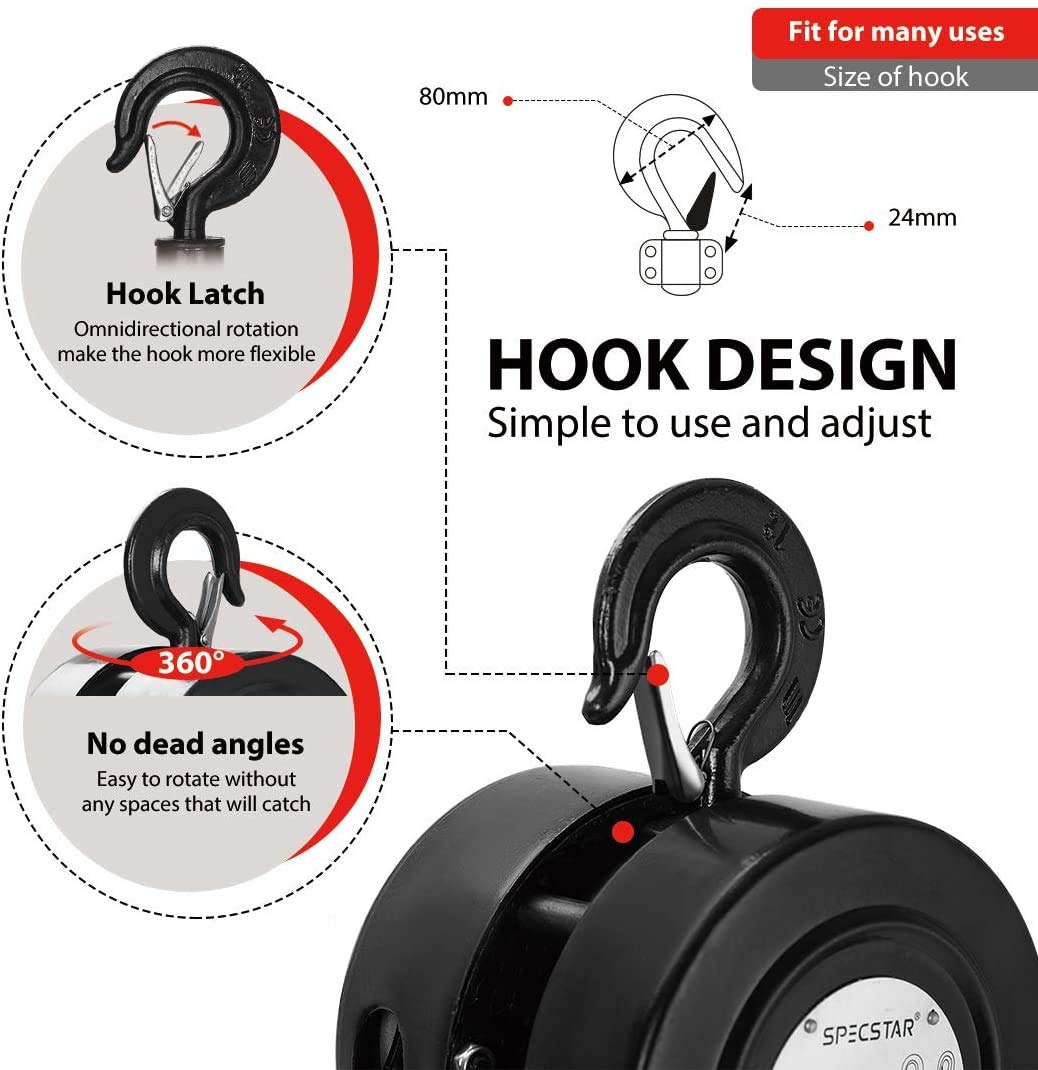 SPECSTAR Hand Chain Hoist 1 Ton 2200 Lbs Capacity 10 Feet with 2 Heavy Duty Hooks, Manual Chain Fall for Warehouse Building Automotive Machinery Black