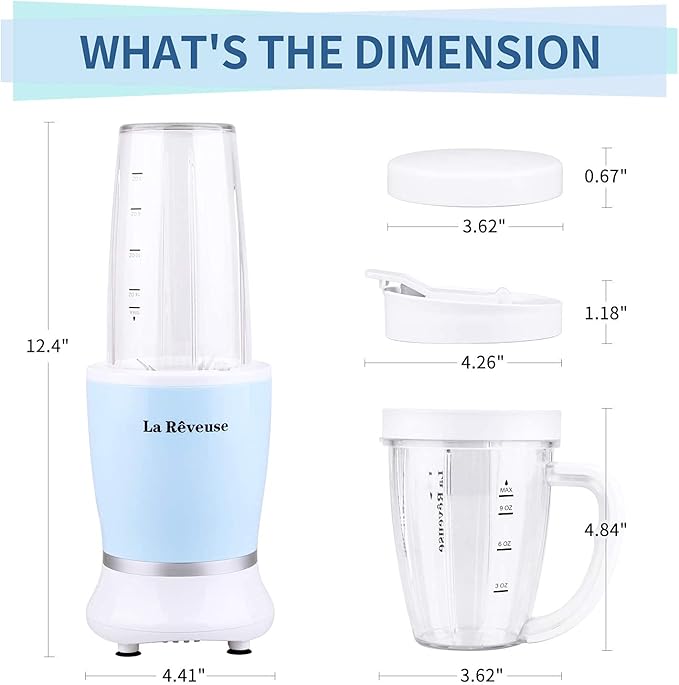 La Reveuse Personal Size Blender 250 Watts Power for Shakes Smoothies Seasonings Sauces with 1 Piece 15 oz Cup,1 Piece 10 oz Mug,BPA-Free (Sky Blue)