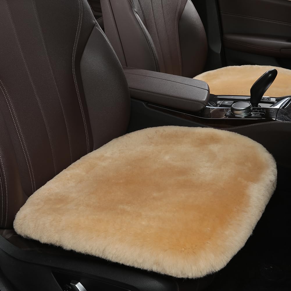 Fluffy Genuine Australia Sheepskin Car Seat Cover for Auto Interior Accessories with Soft Fuzzy Wool Eco-Friendly Natural Fur Non-Slip (Honey Beige, Front 20 * 20inchs)