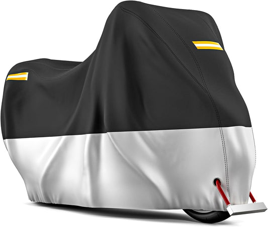 210D Motorcycle Cover All Season Waterproof Breathable Sun Outdoor Protection Three Reflective Tape with Lock-Holes & Storage Bag Bike Scooter Cover Universal (Silver and Black, 96.6''*41''*50'')