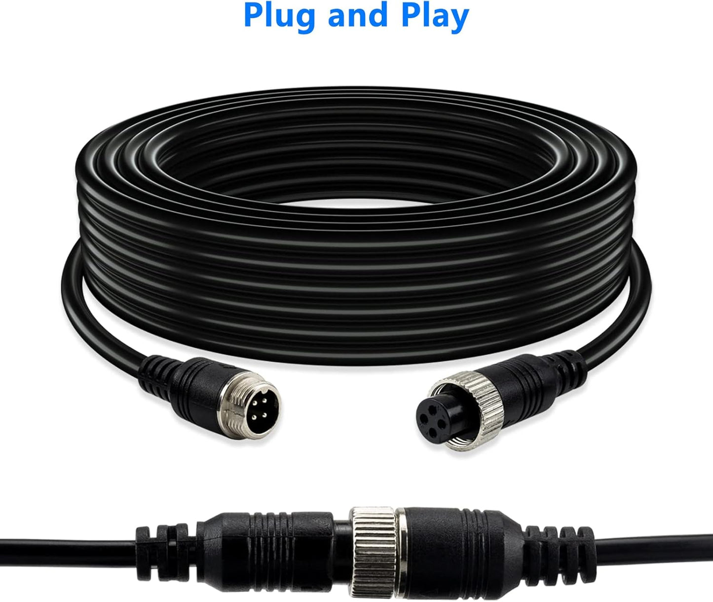 50FT Car 4-Pin Aviation Video Extension Cable，15m Car Video Extension Cable for CCTV Rearview Camera Truck Trailer Camper Bus Motorhome Vehicle Backup Monitor Waterproof Shockproof System