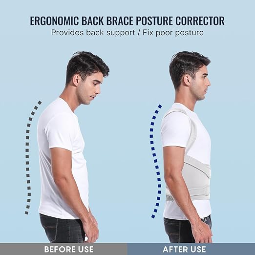 Fit Geno Back Brace Posture Corrector for Men & Women: Shoulder Straightener Adjustable Full Back Support Pain Relief - Scoliosis Hunchback Spine Corrector (Small), Gray