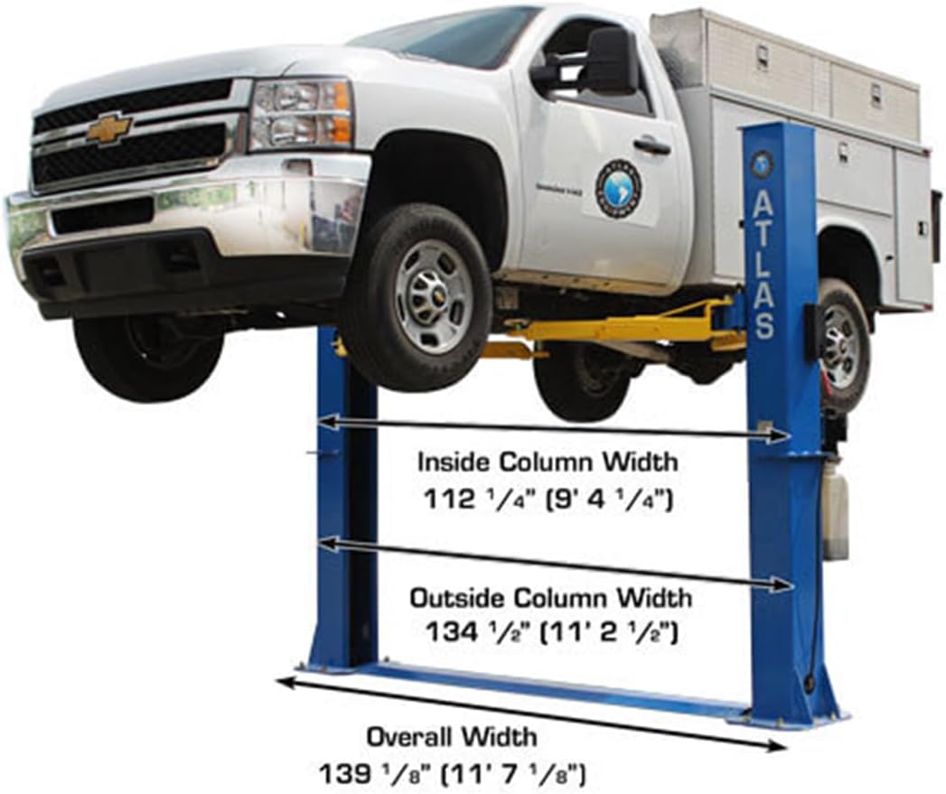 ATLAS Automotive Equipment BP10000X 2-Post Commercial Grade Vehicle Lift, Baseplate, Open-top Style, 9’6” Minimum Ceiling Height, 10,000lb Capacity, Super Symmetric Arms, for Low Ceiling Garage Use