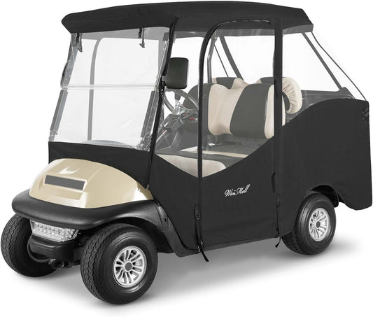 4 Passenger Golf Cart Enclosure for Club Car Precedent Short Roof 2+2 Waterproof Windproof Driving Rain Covera Fit 4-Seater with 4-Sided Clear Windows Mirror Zipper Roll-up Door Black