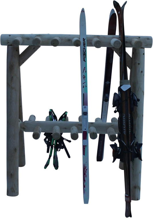 13-Place Freestanding Log Ski Rack Holder, Indoor & Outdoor Snowboard Racks, Standing Storage, Garage Racks for Snow Skis & Poles, Durable Snowboard Rack Garage Storage Organizer - Canyon Brown