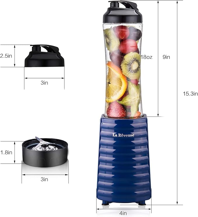 La Reveuse Smoothies Blender Personal Size 300 Watts with 18 oz BPA-Free Portable Travel Sports Bottle,Navy
