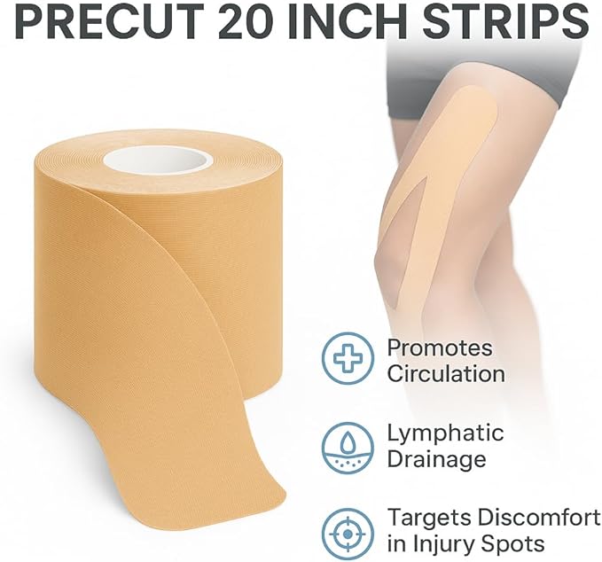 Kinesiology Tape Knees Pre-Cut 20 Inch, Muscle Tape, Athletic Tape for Injuries, Waterproof Roll, Sports Tape for Pain Relief, Physical Therapy Kinetic Tape for Knee, Shoulder, Back, Ankle, Foot