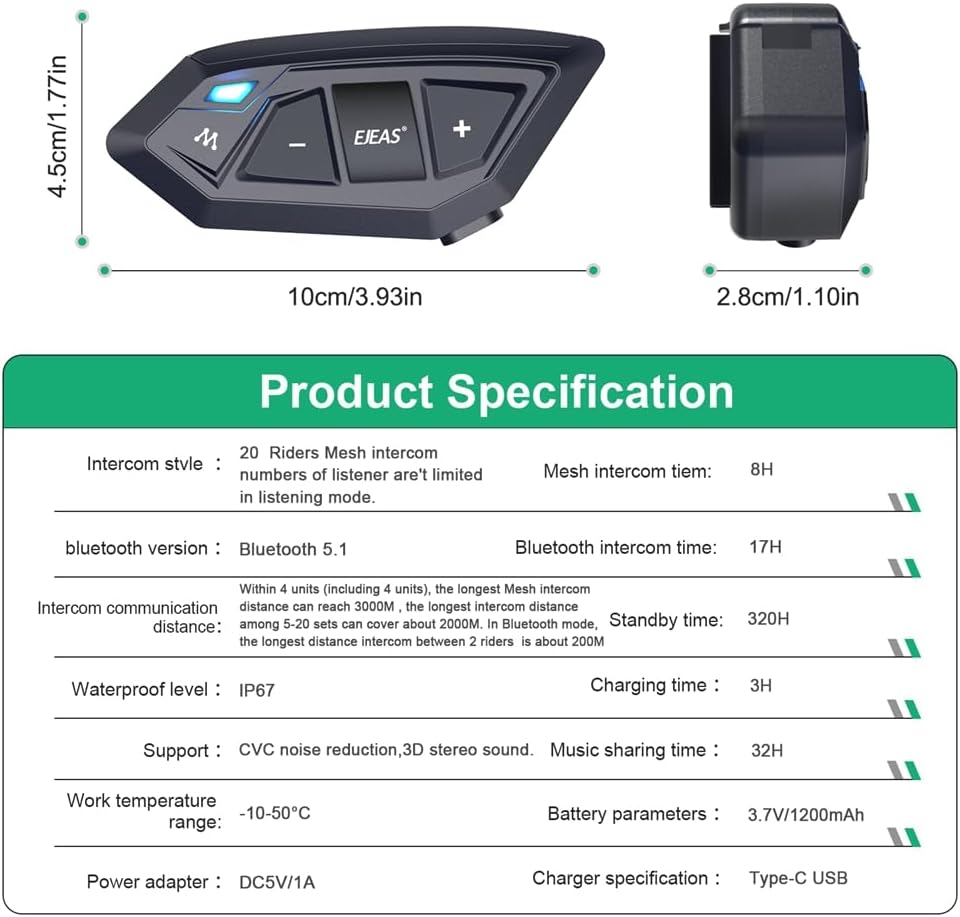 Motorcycle Bluetooth intercom MS20 2000m Helmet Intercom,20 Riders Motorcycle Bluetooth Headset,Universal Bluetooth Helmet Headset,Helmet Communication System FM/Hard &Soft Mic/1Pack