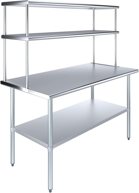 Amgood Stainless Steel Work Table Double Tier Overshelf | Metal Kitchen Prep Table & Shelving Combo (30" x 60" Work Table + 18" Overshelf)