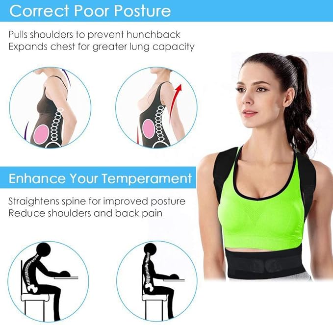 Thoracic Back Brace Posture Corrector - Magnetic Support for Neck Shoulder Upper and Lower Back Pain Relief - Perfect Posture Brace for Cervical Lumbar Spine - Fully Adjustable Belt (Black, Medium)