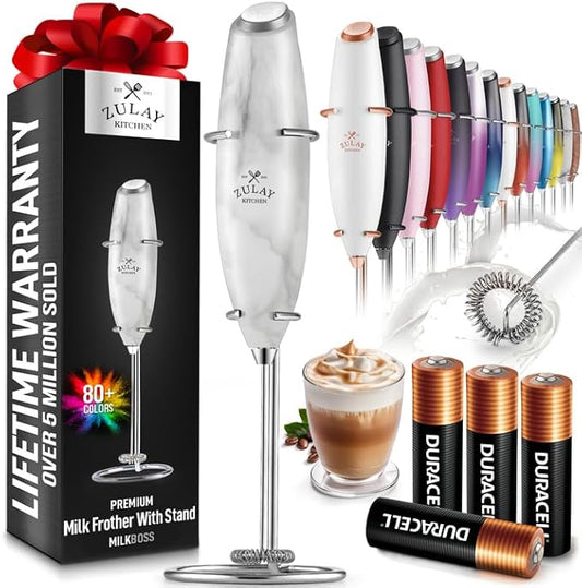 Zulay Powerful Milk Frother (4 Duracell Batteries Included) - Handheld Milk Frother Wand Drink Mixer for Coffee - Powerful Milk Foamer for Cappuccino, Frappe, Matcha & Coffee Creamer - Marble