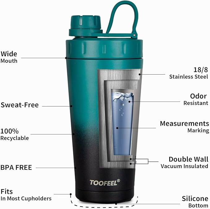 TOOFEEL Stainless Steel Protein Shaker Bottle - 20 oz Double Walled Insulated Cup, Keeps Cold/Hot for Gym Workout Mixes