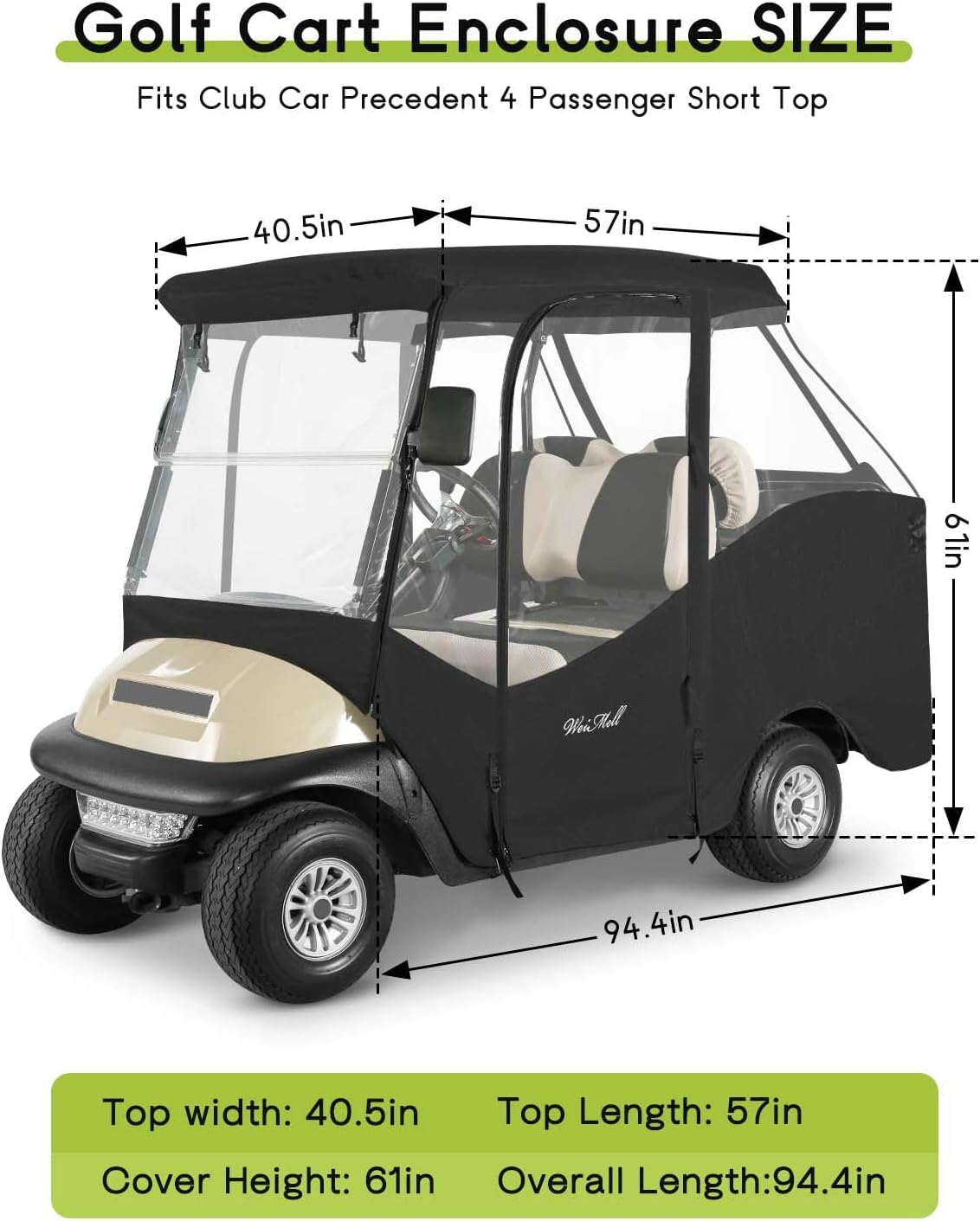 4 Passenger Golf Cart Enclosure for Club Car Precedent Short Roof 2+2 Waterproof Windproof Driving Rain Covera Fit 4-Seater with 4-Sided Clear Windows Mirror Zipper Roll-up Door Black