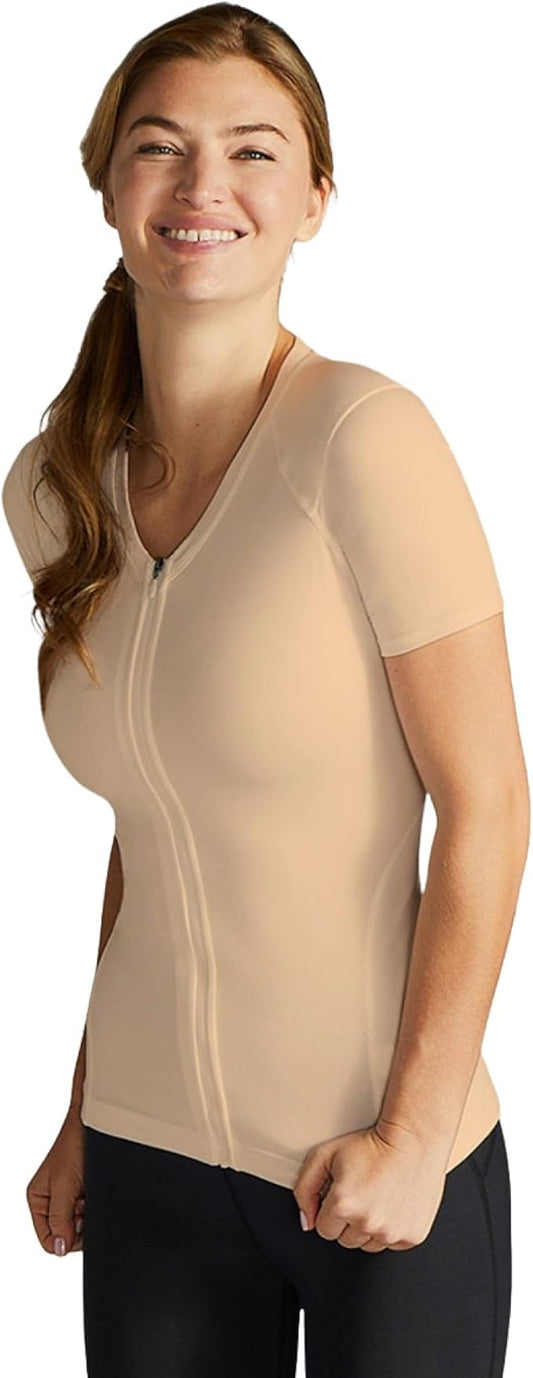 Tommie Copper Womens Short Sleeve V Neck Compression Shirt with Front Zipper – Posture Corrector Back & Shoulder Support