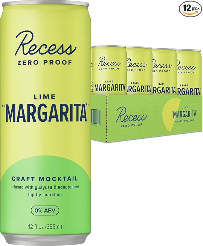 Recess Zero Proof Craft Mocktails, Alcohol Free Drinks, With Adaptogens, Non-Alcoholic Beverage Replacement, Mixer, Celebration, Party, (Lime "Margarita", 12oz, Pack of 12)