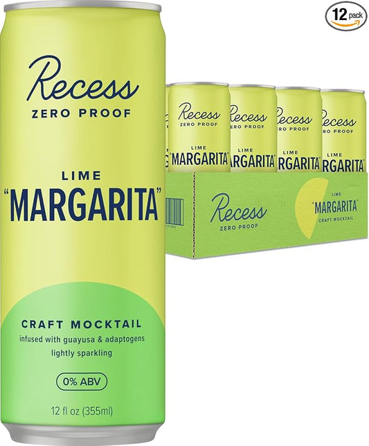 Recess Zero Proof Craft Mocktails, Alcohol Free Drinks, With Adaptogens, Non-Alcoholic Beverage Replacement, Mixer, Celebration, Party, (Lime "Margarita", 12oz, Pack of 12)