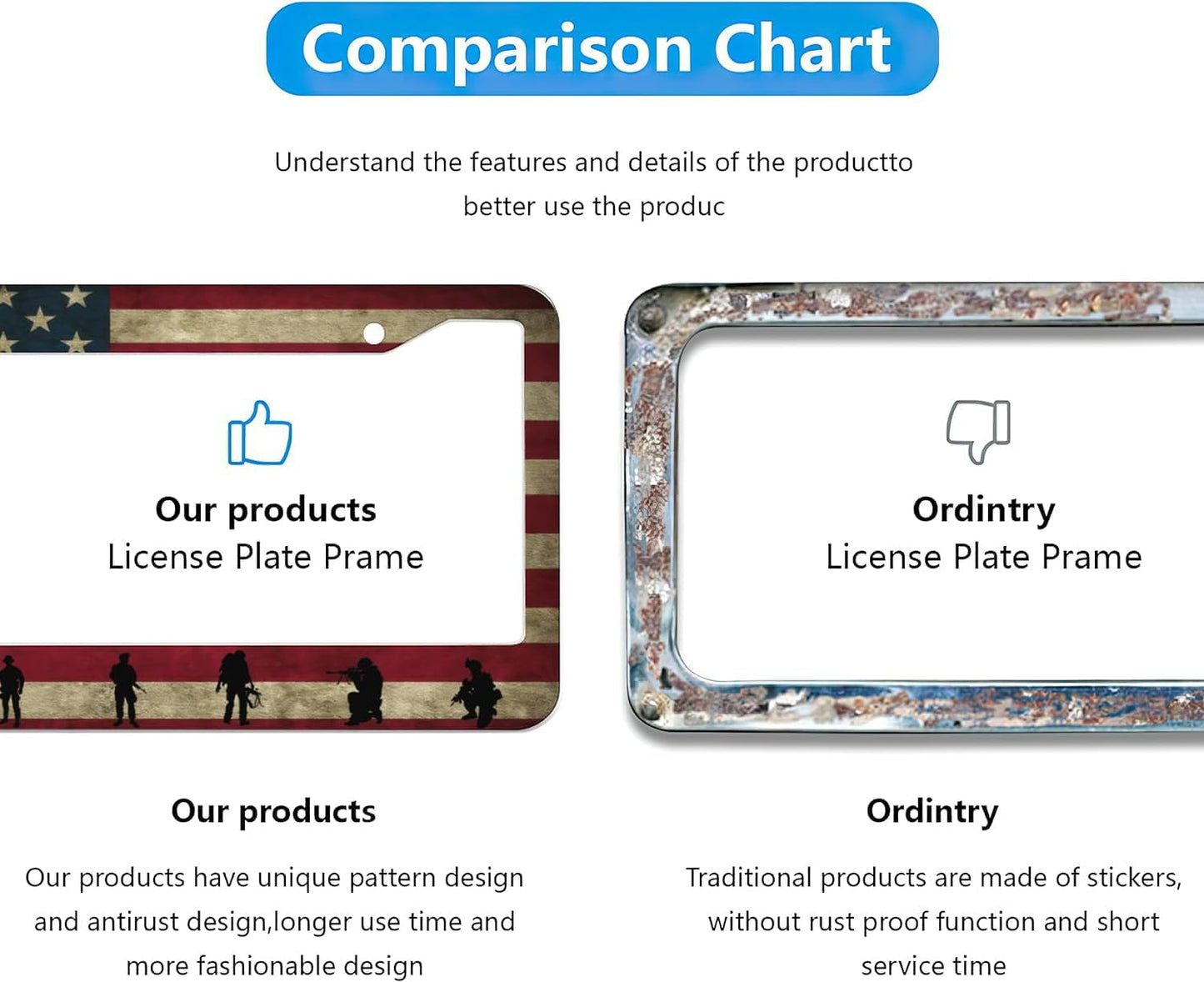 American Flag License Plate Frames - 2 Pcs Set 2 Holes Metal Aluminum Auto Car Accessories Decoration License Plate Frame 12.2 x 6.3 inch for Women Men Gift