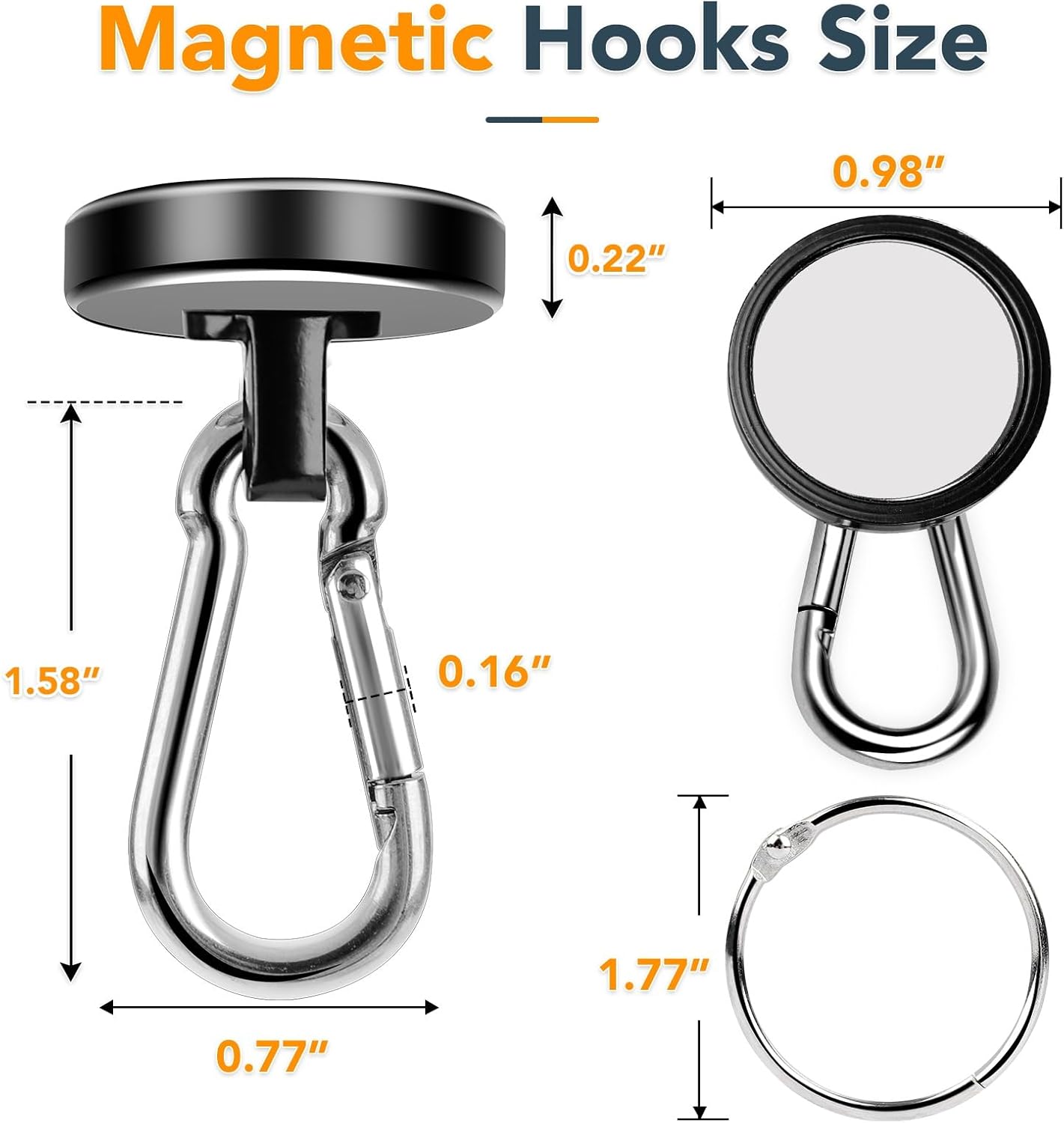 MIKEDE 6 Pack Strong Magnetic Hooks, 70LBS Pull Force Neodymium Magnetic Hooks Cruise Ship with Swivel Carabiner Hooks, Black Heavy Duty Magnets Hooks with Rings for Hanging, Grill, Refrigerator