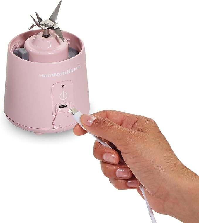 Hamilton Beach Mini Cordless Portable Personal Blender for Shakes and Smoothies, USB Rechargeable, 16 oz. Jar with Leakproof Travel Lid, 6 Stainless Steel Blades, Pink (51181)