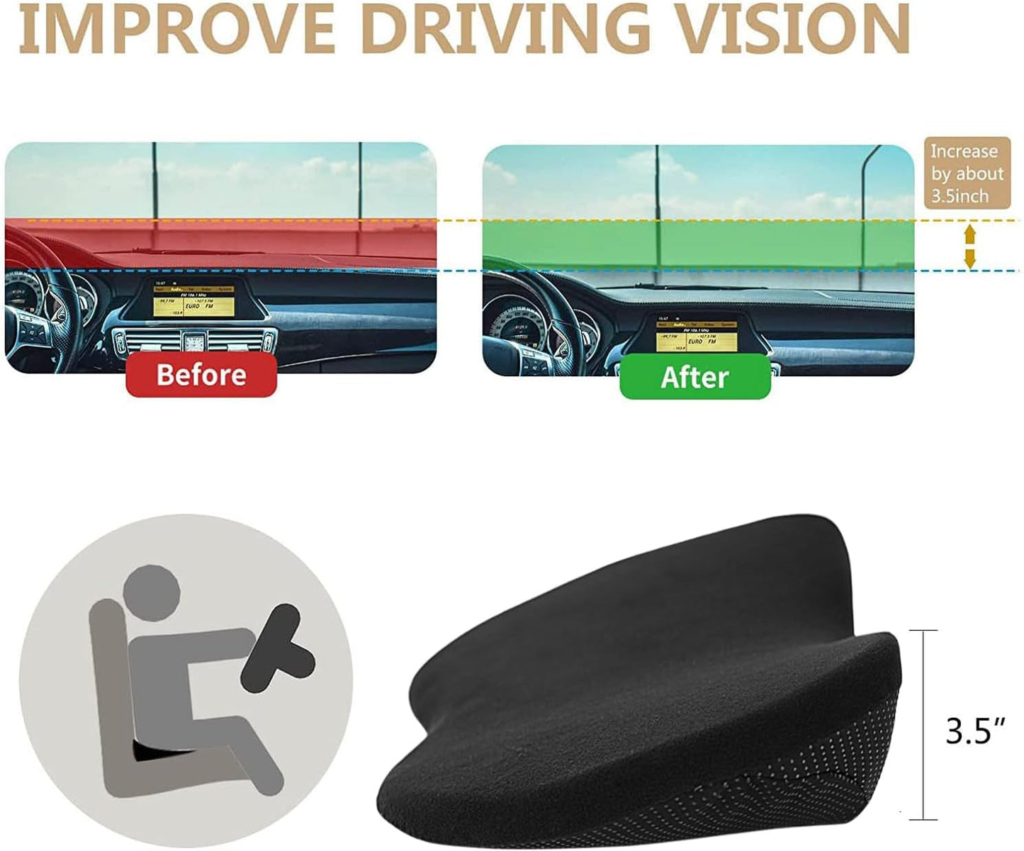 Car Seat Cushion - Memory Foam Car Seat Pad - Sciatica & Lower Back Pain Relief - Car Seat Cushions for Driving - Road Trip Essentials for Drivers(Classic Black)