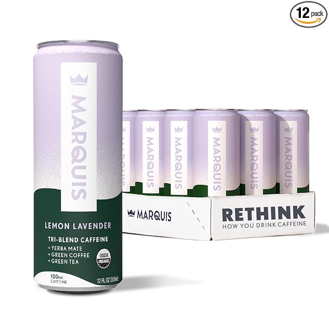 Marquis - Natural Energy Drink - Lemon Lavender - Sugar Free - 0 Calories - 100mg of Organic Plant Based Caffeine - Yerba Mate - Green Tea - Vitamin C & B Vitamins - Vegan - 12 oz Cans - 12 Pack