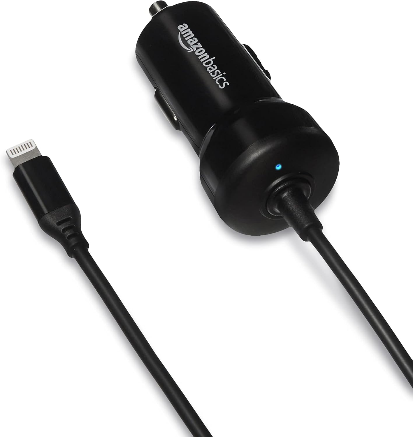 Amazon Basics 12W (5V, 2.4A) Fast Charging Car Charger with Coiled Lightning Cable for iPhone, iPad and Apple Devices, 1.5 ft - Black