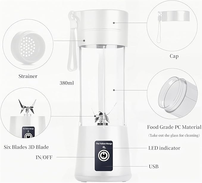 Portable Blender,Mini 6-blade Mixer for Smoothie,Milkshake, Juice, Mobile Hand juicer With USB Rechargeable For Travel, office, picnic, fitness (White)