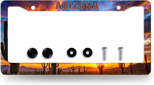 Arizona State Flag License Plate Frame Sunset Desert Cactus License Plate Holder Stainless Steel Funny Design with 2 Holes and Screws 12.3" x 6.3"