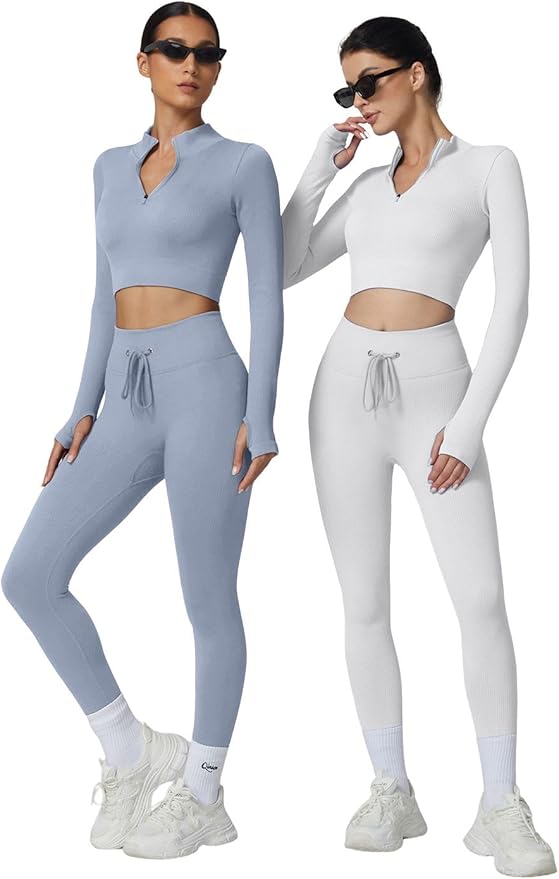 QINSEN Workout Sets for Women 2 Piece Seamless Long Sleeve Crop Tops Ribbed High Waist Leggings