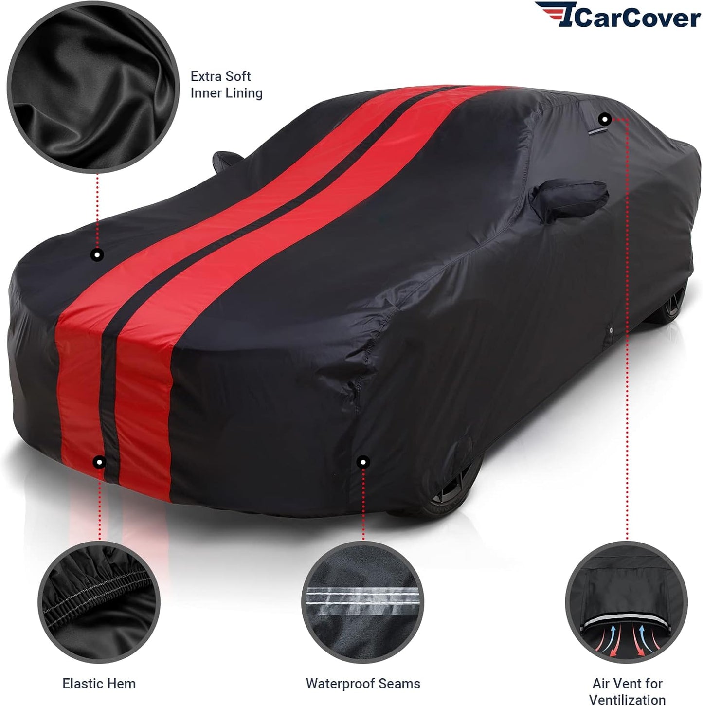 iCarCover Custom Car Cover for 2020-2025 Toyota GR Supra Waterproof All Weather Rain Snow UV Sun Protector Full Exterior Indoor Outdoor Car Cover (Stripe - Black/Red)
