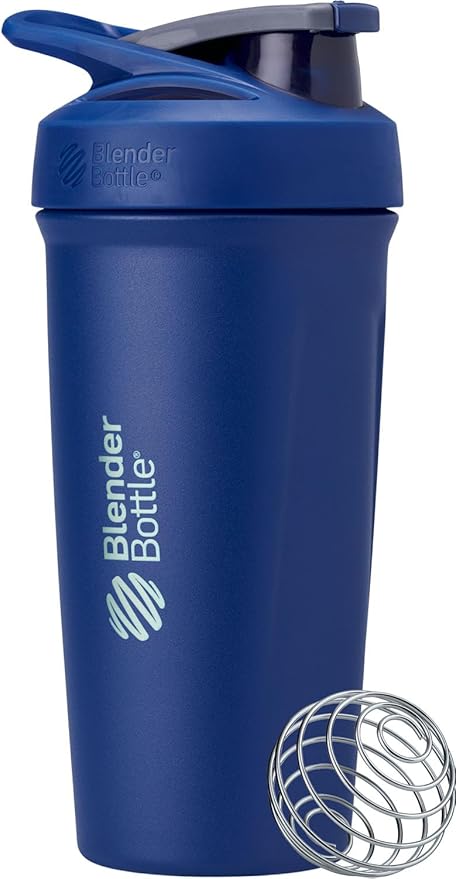 BlenderBottle Strada Shaker Cup Insulated Stainless Steel Water Bottle with Wire Whisk, 24-Ounce, Full Color Blue