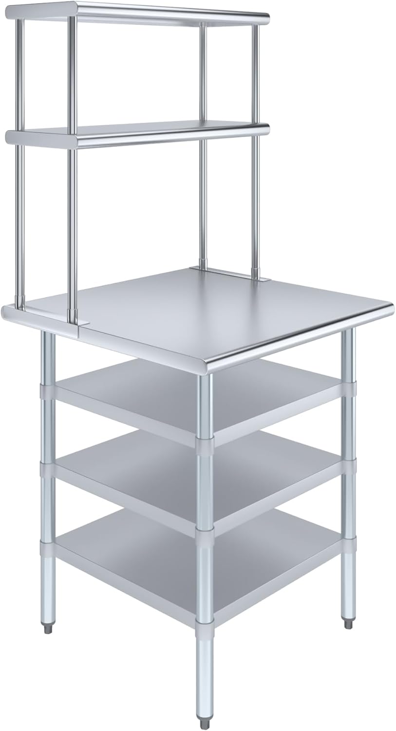 Amgood 30" x 30" Stainless Steel Work Table with 3 Shelves and 12" Wide Double Tier Overshelf | Metal Kitchen Prep Table & Shelving Combo | NSF